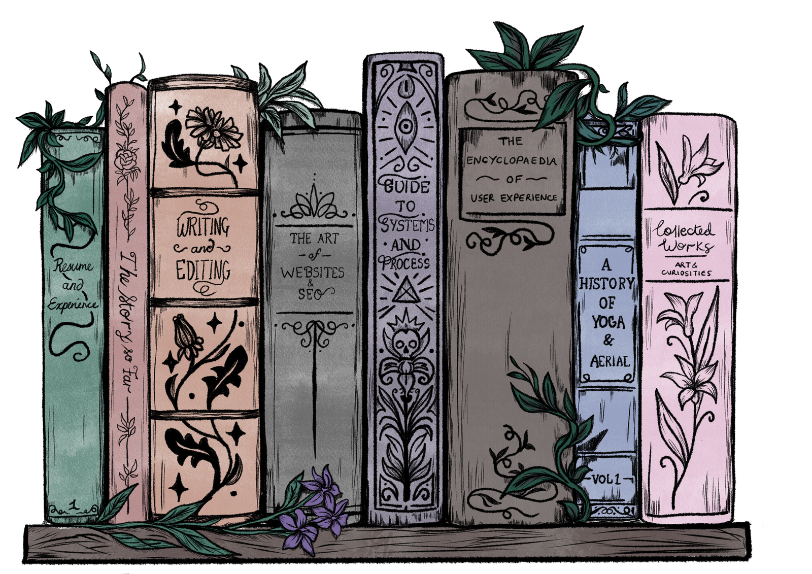 An illustrated shelf of eight hand-drawn books, each spine hand-lettered with a portfolio section title, decorated with botanical linework.